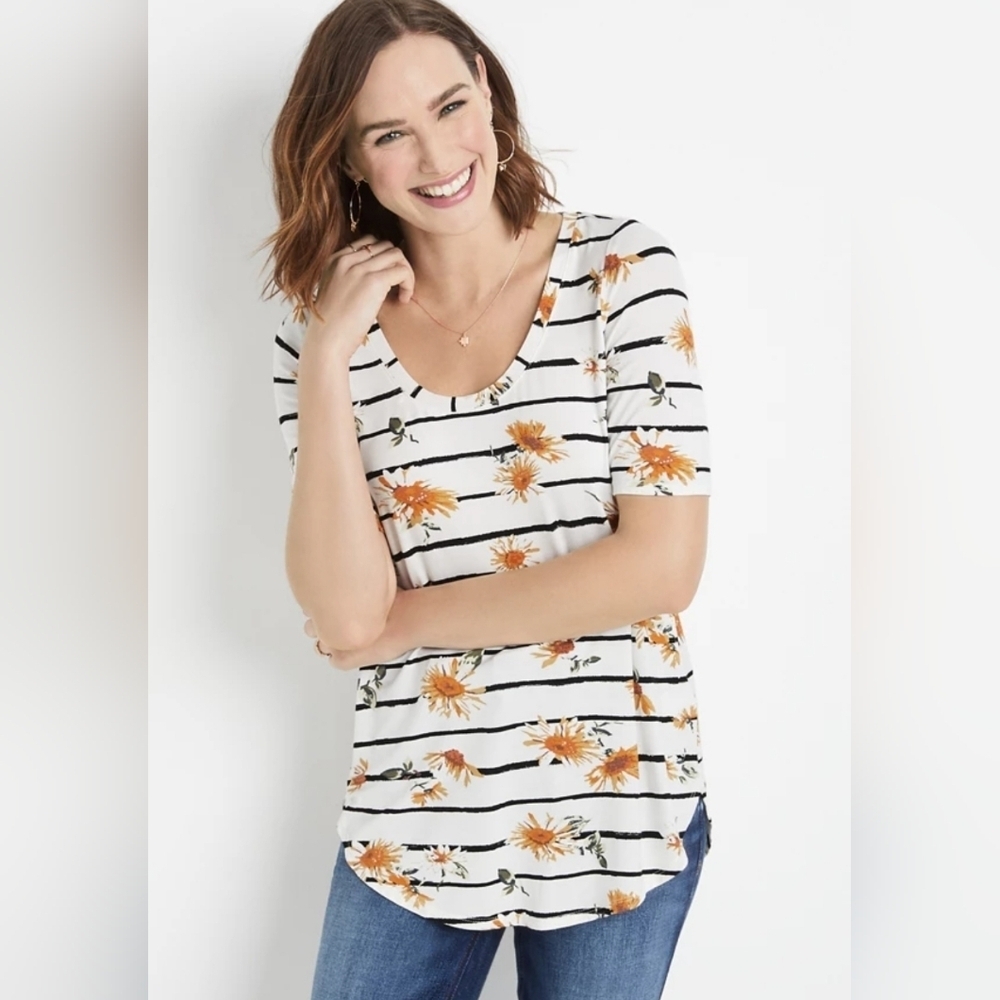 24/7 Comfort Apparel Sunflower Striped V-Neck Tunic Floral Short Sleeve #1126